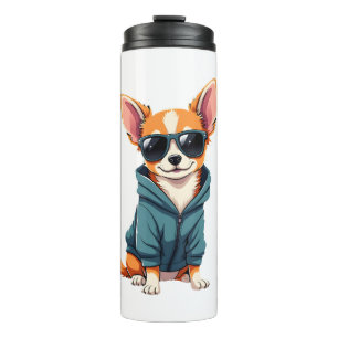 Lustiger Chihuahua-Hund leicht abgelenkt durch gro Thermosbecher