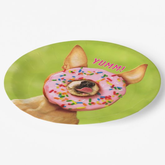 Lustiger Chihuahua-Hund mit besprühen Krapfen auf Pappteller (Schrägansicht)