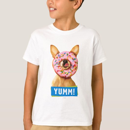 Lustiger Chihuahua-Hund mit besprühen Krapfen auf T-Shirt (Vorderseite)