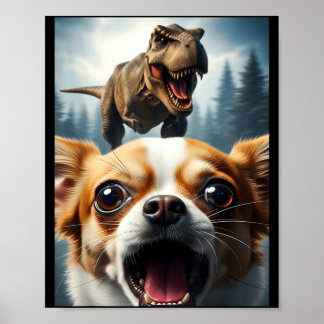 Lustiger Chihuahua-Hund Selfie mit T-Rex Frauen Mä Poster