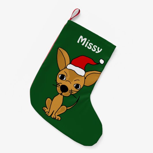 Lustiger Chihuahua im Kleiner Weihnachtsstrumpf (Vorderansicht (hängend))