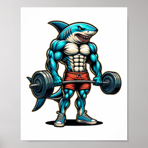Lustiger Cooler Hai Gewichtheben Bodybuilder Muske Poster