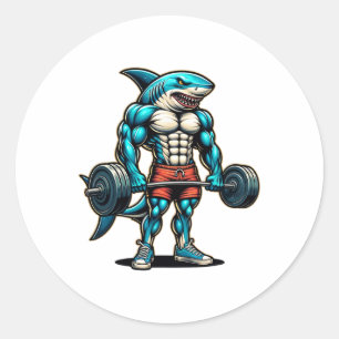 Lustiger Cooler Hai Gewichtheben Bodybuilder Muske Runder Aufkleber