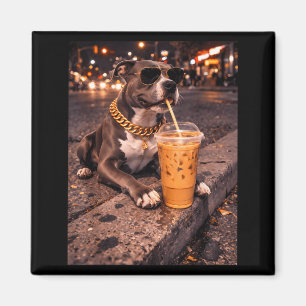 Lustiger cooler Pitbull-Hund trinkt eisgekühlten K Magnet