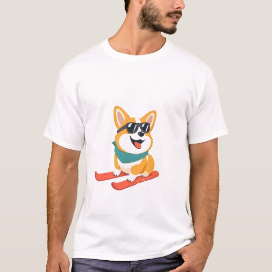 Lustiger Corgi auf Skiern T-Shirt (Vorderseite)
