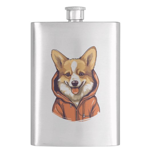 Lustiger Corgi mit Hoodie Flachmann (Vorderseite)