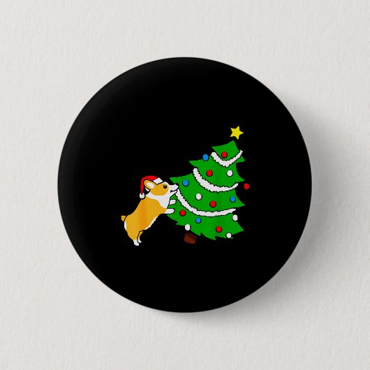 Lustiger Corgi schiebt Weihnachtsbaum Xmas Hundema Button (Vorderseite)