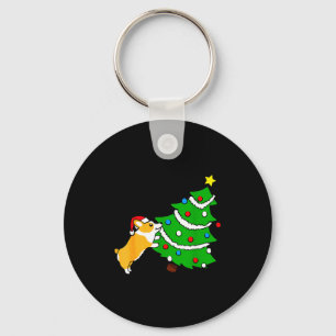 Lustiger Corgi schiebt Weihnachtsbaum Xmas Hundema Schlüsselanhänger