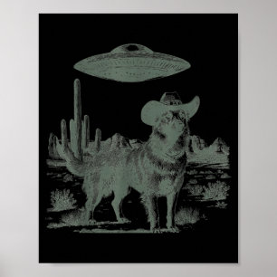 Lustiger Cowboy-Hund-Alien-UFO-Wüstenbegegnung  Poster
