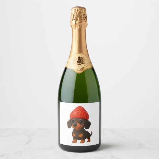 Lustiger Dachshund mit Erdbeeren und Hut fruchtig Schaumweinetikett (Vorderseite)