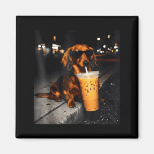 Lustiger Dachshund trinkt Eiskaffee süßer Hund Mem Magnet