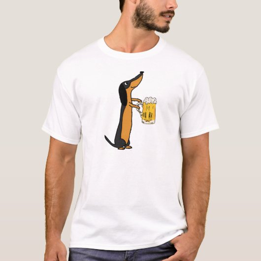 Lustiger Dackel-Hundetrinkender Bier-Cartoon T-Shirt (Vorderseite)