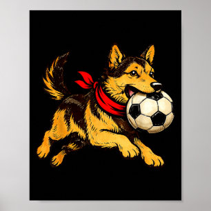 Lustiger deutscher Schäferhund spielt Fußball-Spie Poster