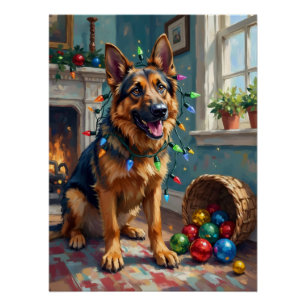 Lustiger Deutscher Schäferhund, verheddert in Weih Poster