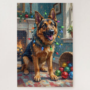 Lustiger deutscher Schäferhund, verheddert in Weih Puzzle