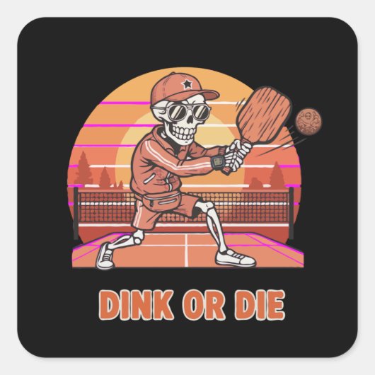 Lustiger Dink oder stirb Pickleball Skelett Retro Quadratischer Aufkleber (Vorderseite)