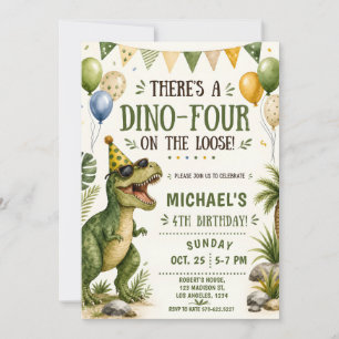 Lustiger Dinosaurier 4. Geburtstag - Dino Vier Geb Einladung