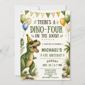 Lustiger Dinosaurier 4. Geburtstag - Dino Vier Geb Einladung