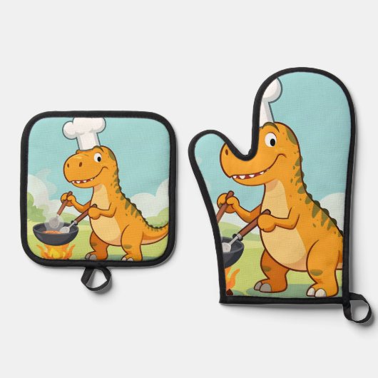 Lustiger Dinosaurier-Koch Ofenhandschuh & Topflappen-Set (Vorderseite)