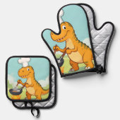 Lustiger Dinosaurier-Koch Ofenhandschuh & Topflappen-Set (Vorderseite/Rückseite)