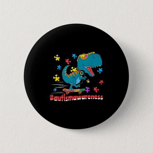 Lustiger Dinosaurier Skateboard fahrend Autismus-B Button (Vorderseite)