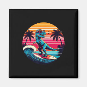 Lustiger Dinosaurier surft Retro-Sonnenuntergang M Magnet
