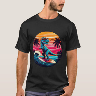 Lustiger Dinosaurier surft Retro-Sonnenuntergang M T-Shirt