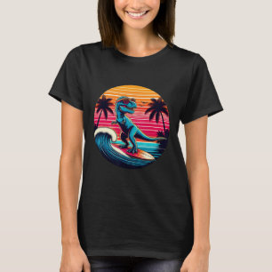 Lustiger Dinosaurier surft Retro-Sonnenuntergang M T-Shirt