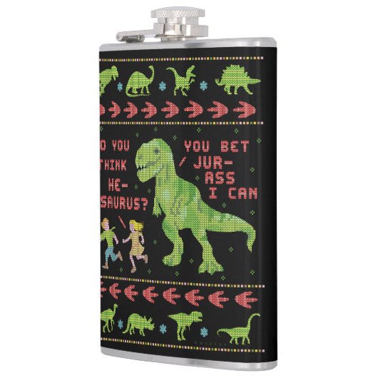 Lustiger Dinosaurier-Wortspiel-Spaß-Imitat-Strick Flachmann (Links)