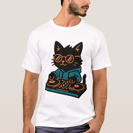 Lustiger DJ Black Cat T-Shirt (Vorderseite)