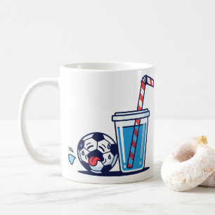 Lustiger durstiger Fußball, der ein kaltes Wasserg Kaffeetasse