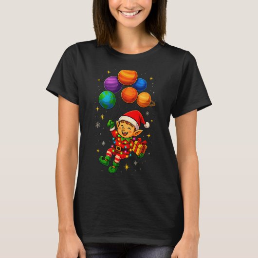 Lustiger Elf-Astronaut Mit Planeten Weihnachts-PJs T-Shirt (Vorderseite)