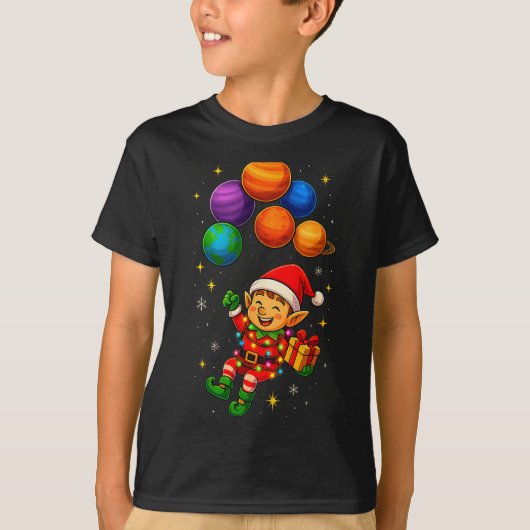 Lustiger Elf-Astronaut Mit Planeten Weihnachts-Pyj T-Shirt (Vorderseite)