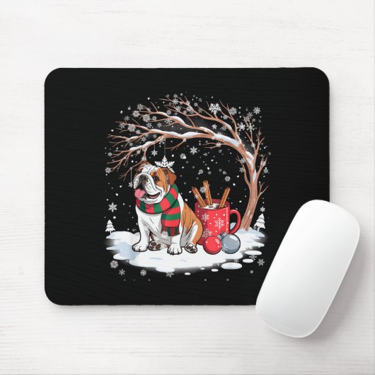 Lustiger englischer Bulldogge im Schnee Baum Weihn Mousepad (Mit Mouse)