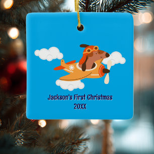 Lustiger erster Weihnachten-Hund-Pilot-Flugzeug-Wo Keramikornament