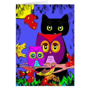 Lustiger Eulen-schwarze Katzen-Fall-Mond