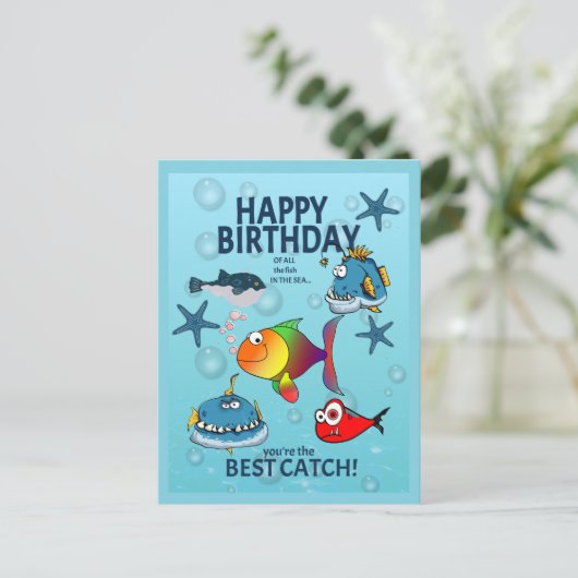 Lustiger Fisch Geburtstag Postkarte (Stehend Vorderseite)