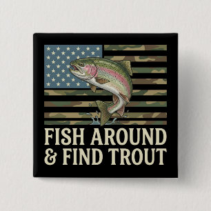 Lustiger Fisch herum und finde Forelle Amerikanisc Button