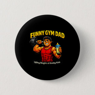 Lustiger Fitness-Vater hebt Gewichte und zieht Kin Button