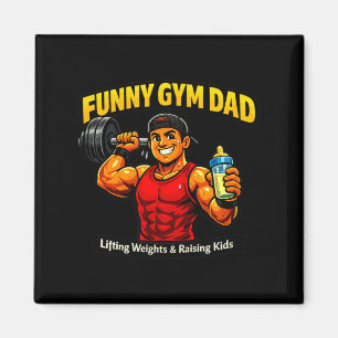 Lustiger Fitness-Vater hebt Gewichte und zieht Kin Magnet