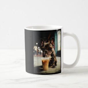 Lustiger französischer Bulldogge, der eisgekühlten Kaffeetasse