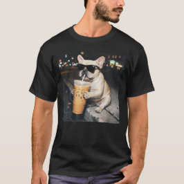Lustiger Französischer Bulldogge trinkt Eiskaffee T-Shirt
