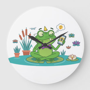 Lustiger Frosch beim Smartphone-Browsen Große Wanduhr