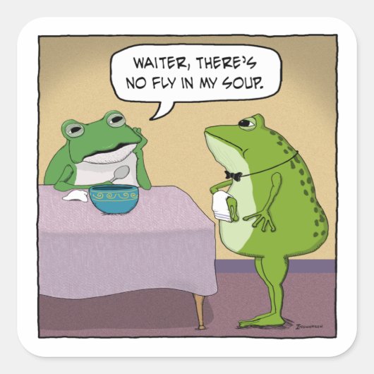 Lustiger Frosch beschwert sich über keine Fliege Quadratischer Aufkleber (Vorderseite)