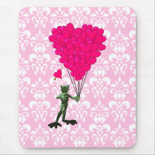 Lustiger Frosch-Cartoon & rosa Herz auf Damast Mousepad