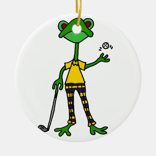 Lustiger Frosch-Golf spielende Kunst Keramik Ornament (Vorne)