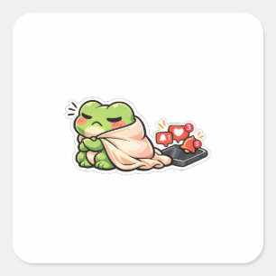 Lustiger Frosch ignoriert Telefon introvertiert an Quadratischer Aufkleber