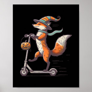 Lustiger Fuchs fährt auf Scooter Fall-Kürbis Hallo Poster