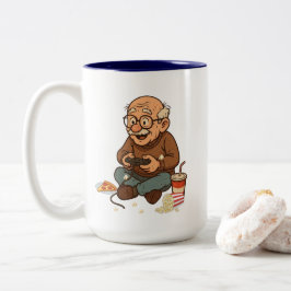 Lustiger Gamer-Opa-Pizza- und Popcorn-Cartoon Zweifarbige Tasse