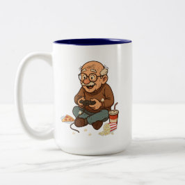 Lustiger Gamer-Opa-Pizza- und Popcorn-Cartoon  Zweifarbige Tasse